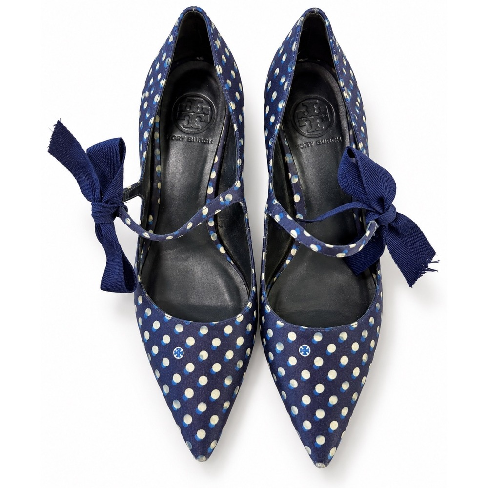 Tory Burch Polka Dot Bow Mary Jane Pumps Women 9 Navy Blue Good Kitten Heel